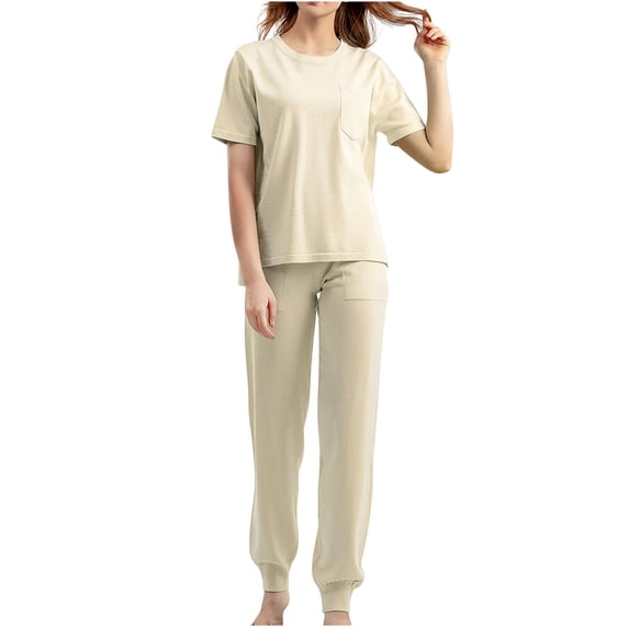 Inleife Two Piece Sets for Women Summer Women's Solid Round Neck Pocket Short Sleeved Top Long Pants Short Sleeved Round Neck Top/shirt Set Beige Sizes Free Size