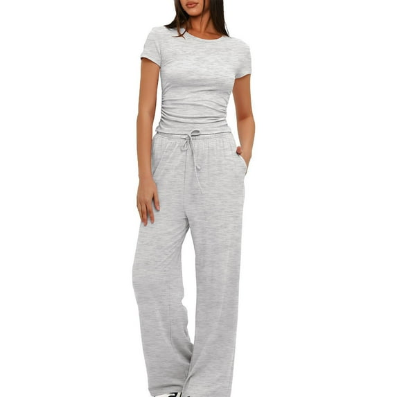 Inleife Two Piece Sets for Women Summer 2PC Fashion Woman Round Neck Solid Short Sleeve Blouse +Long Pants Elastic Waist Sets Gray Sizes L