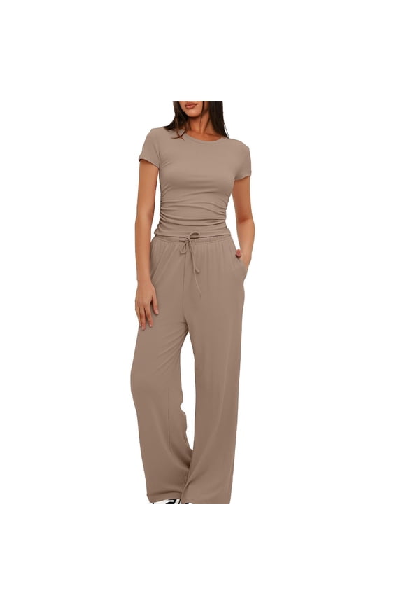 Two Piece Sets for Women Summer 2PC Fashion Woman Round Neck Solid Short Sleeve Blouse +Long Pants Elastic Waist Sets Khaki Sizes XL