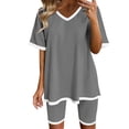 thumbnail image 1 of Inleife Two Piece Sets for Women Summer Women Fashion V-Neck Blouse Short Sleeve Tops Shorts Casual Suit Pant Sets Gray Sizes L, 1 of 5
