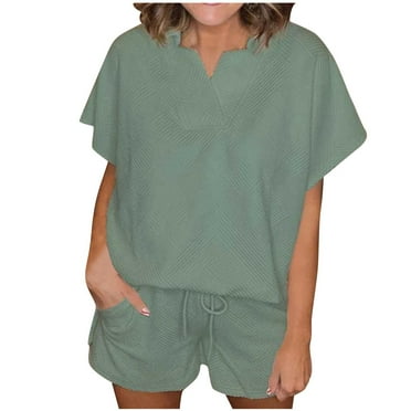 Inleife Two Piece Sets for Women Summer Women's Casual Solid Pocket Strap Pants Loose Short Sleeved V-Neck Top/Shirt Sets Army Green Sizes M