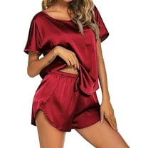 Inleife Two Piece Sets for Women Summer Womens Fashion Solid Round Neck Pajama Set Home Clothing T-shirt Shorts Blouses Set Red Sizes XXL