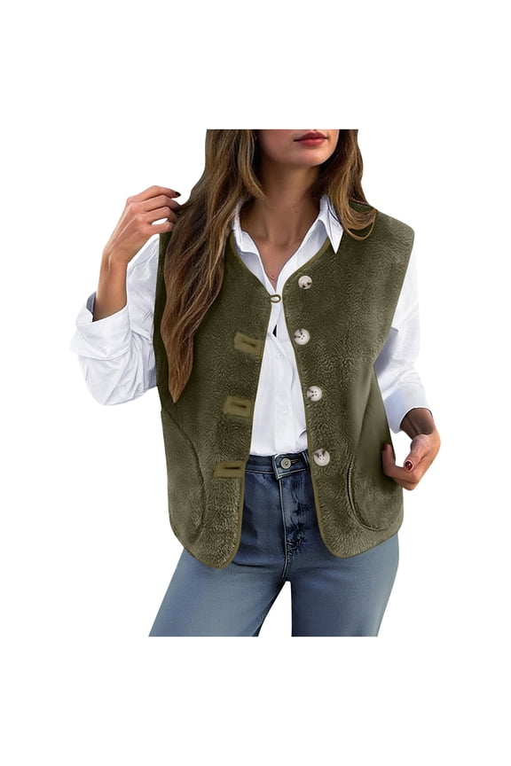 Vests for Women Winter Outerwears Sleeveless Fleece Jacket Warm Button Coat with Pockets Outerwear