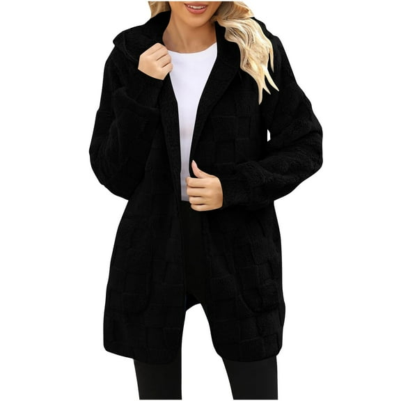 Inleife Winter Coats for Women New Trendy Long-Sleeved Hooded Coat Women's Plaid Fleece Pocket Casual Jacket