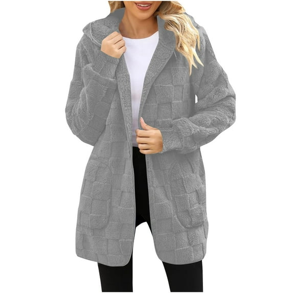 Inleife Winter Coats for Women New Trendy Long-Sleeved Hooded Coat Women's Plaid Fleece Pocket Casual Jacket
