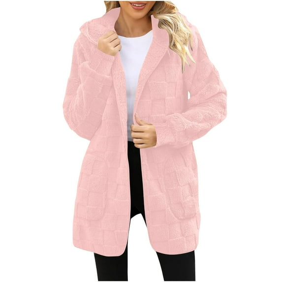 Inleife Winter Coats for Women New Trendy Long-Sleeved Hooded Coat Women's Plaid Fleece Pocket Casual Jacket