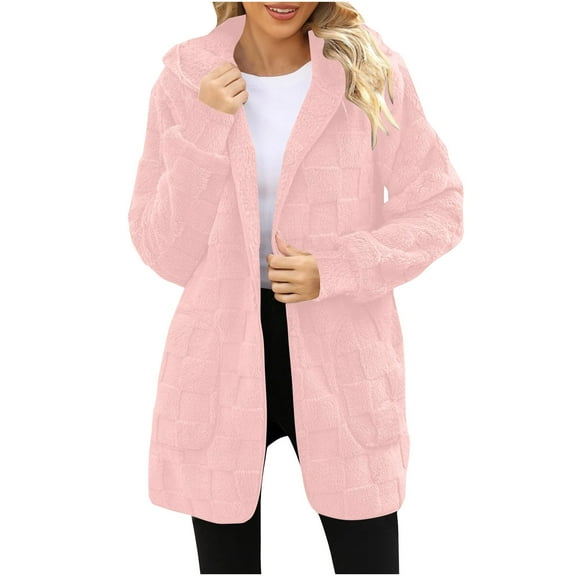 Inleife Winter Coats for Women New Trendy Long-Sleeved Hooded Coat Women's Plaid Fleece Pocket Casual Jacket