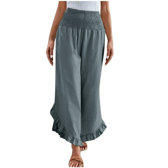 Inleife Woman Fashion Solid Color Ruffle Elastic Waist High Waist Long Pants Summer Pants