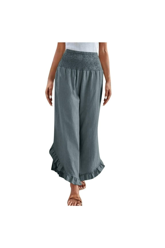 Woman Fashion Solid Color Ruffle Elastic Waist High Waist Long Pants Summer Pants