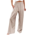 thumbnail image 1 of Inleife Woman Solid Color Pockets Elastic Waist High Waist Long Pants Beige M, 1 of 6