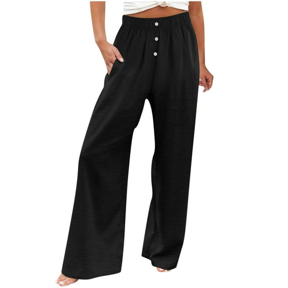 Inleife Woman Solid Color Pockets Elastic Waist High Waist Long Pants Black L