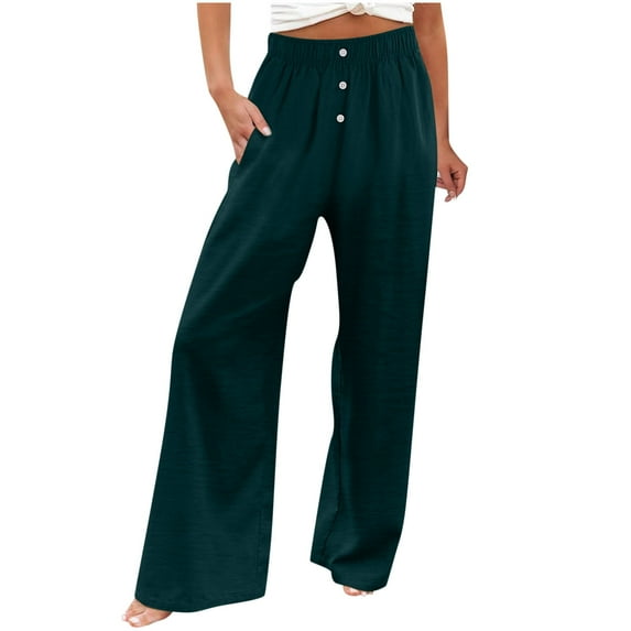Inleife Woman Solid Color Pockets Elastic Waist High Waist Long Pants Green L