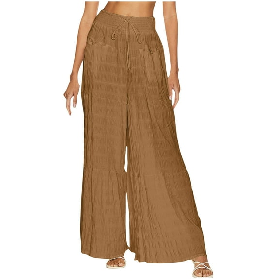 Inleife Woman Summer Solid Color Pockets Wide Leg Pants Casual Pants Boho Beach Pants Coffee S