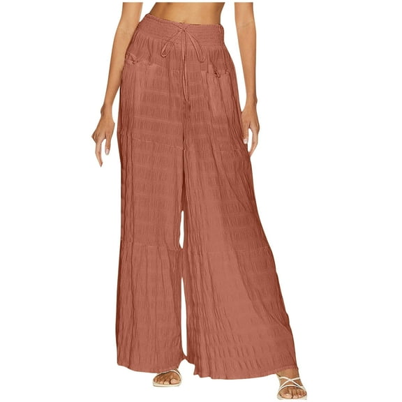 Inleife Woman Summer Solid Color Pockets Wide Leg Pants Casual Pants Boho Beach Pants Watermelon Red M