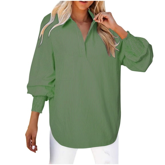 Inleife Women 2025 Fine Striped Smocked Cuffed Shirts Long Sleeve Collared Blouse With Pocket