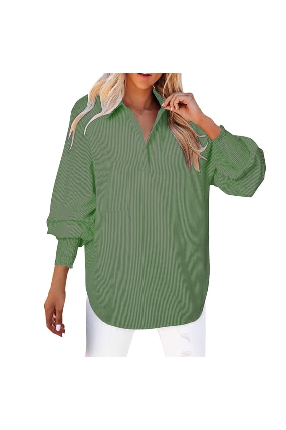 Women 2025 Fine Striped Smocked Cuffed Shirts Long Sleeve Collared Blouse With Pocket