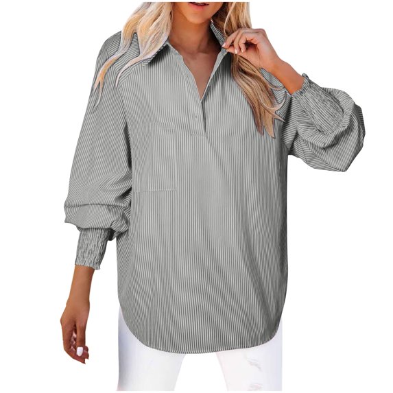 Inleife Women 2025 Fine Striped Smocked Cuffed Shirts Long Sleeve Collared Blouse With Pocket