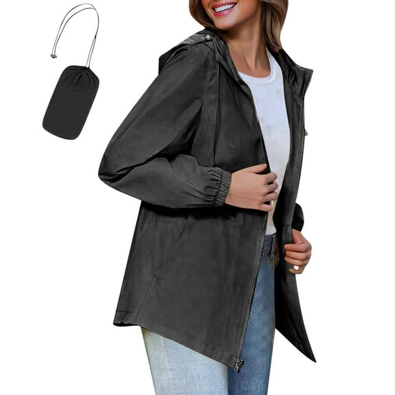 Inleife Women Black Portable Waterproof Jackets Raincoat Rain Jacket Packaway Rain Coats with Hoodie