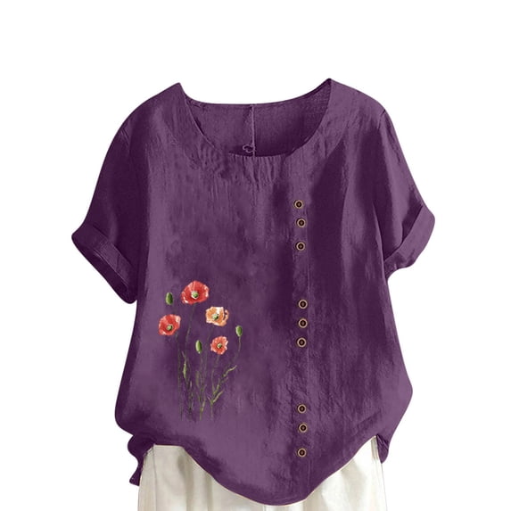 Inleife Women Casual And Linen Top Floral Printed Short Sleeve Button T-Shirt Blouse Tops