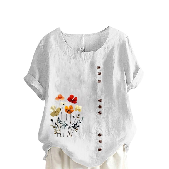 Inleife Women Casual And Linen Top Printed Short Sleeve Button T-shirt Blouse Tops