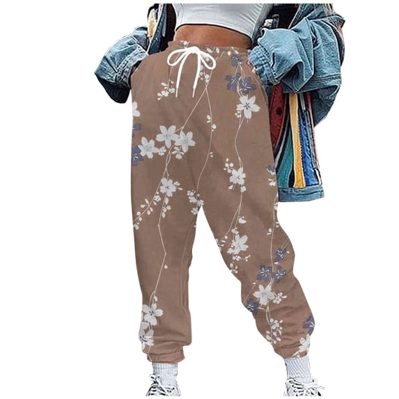 Inleife Women Casual Pants Fashion Non Positioning Printed Pocket Elastic Waist Drawstring Ankle Binding Sanitary Pants Long Pants