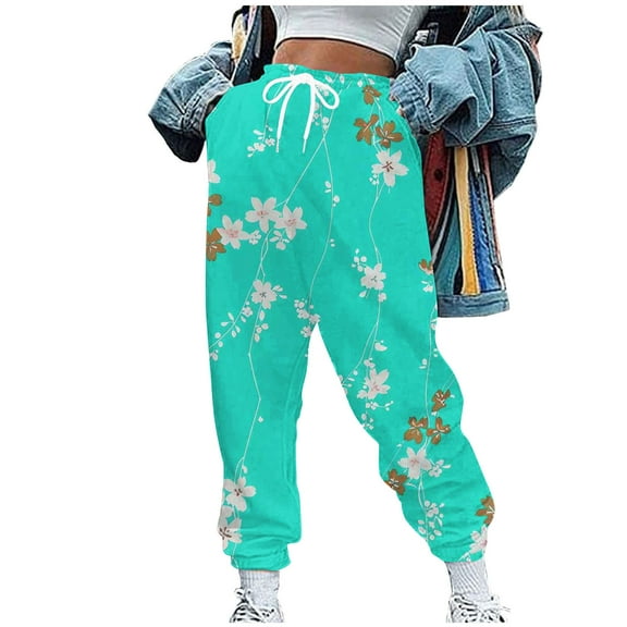 Inleife Women Casual Pants Fashion Non Positioning Printed Pocket Elastic Waist Drawstring Ankle Binding Sanitary Pants Long Pants