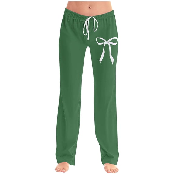Inleife Women Fashion Bow Printing Pants Elastic Waist Drawstring Fallow Full Length Pants Green XXXXL