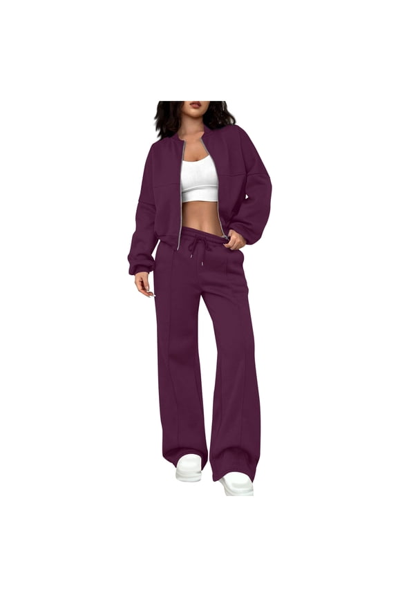 Women Fashionable Seis Purple Color Zippered Cardigan Sweater Casual Straight Leg Pants Set