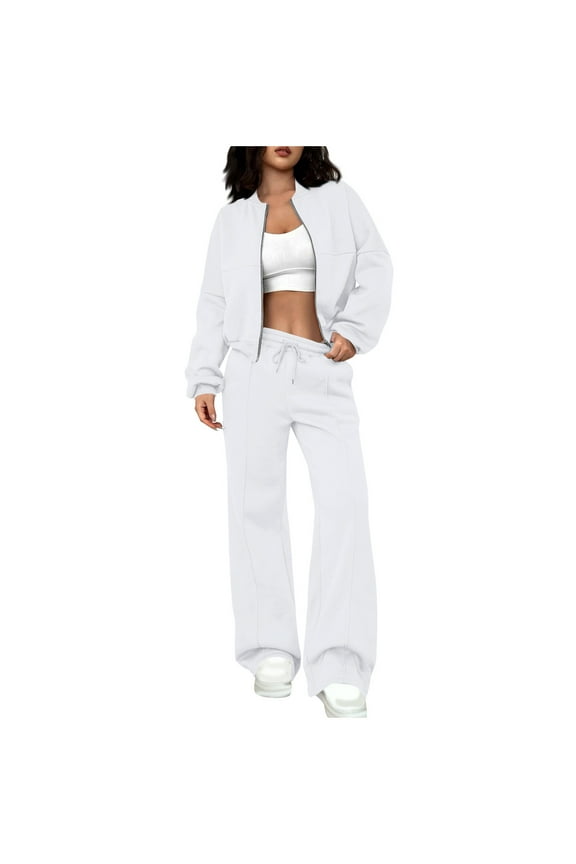 Women Fashionable Seis White Color Zippered Cardigan Sweater Casual Straight Leg Pants Set