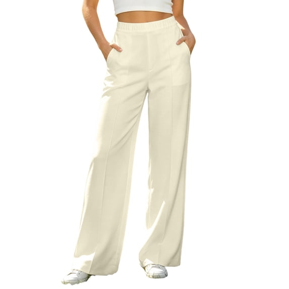 Inleife Women High Waist Solid Wide Leg Pants Elastic Waist Casual Straight Long Trousers With Side Pockets For Daily Wear