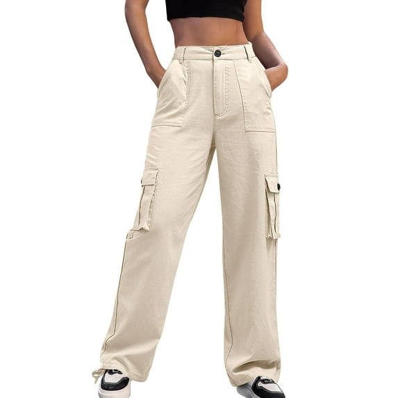 Inleife Women High Waisted Cargo Pants Wide Leg Casual Pants Pockets Military Trousers