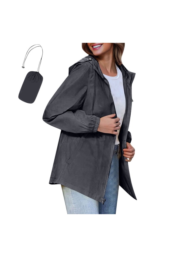 Women Navy Portable Waterproof Jackets Raincoat Rain Jacket Packaway Rain Coats with Hoodie