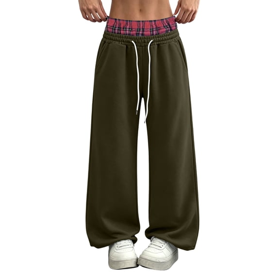 Inleife Women Plaid Double Waist Wide Leg Sweatpants, High Waist Drawstring Loose Fleece Lined Casual Pants with Pockets, Trendy Color Block Lounge Track Pants for Daily Streetwear