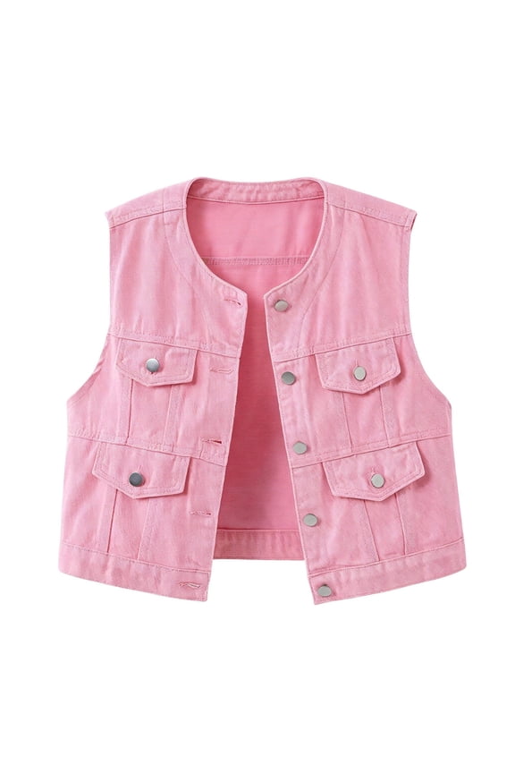 Women Round Collar Sleeveless Cropped Denim Vest, Button Down Multi Flap Pocket Washed Jean Waistcoat, Vintage Casual Streetwear Sleeveless Outer Layer Jacket