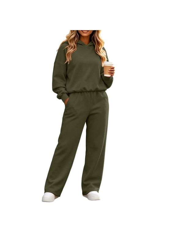 Women Solid 2 Piece Tracksuit, Long Sleeve Hooded Sweatshirt & High Waist Wide Leg Pants With Pockets, Casual Loungewear Outfit Set
