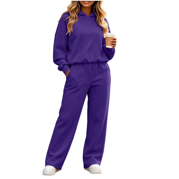 Inleife Women Solid 2 Piece Tracksuit, Long Sleeve Hooded Sweatshirt & High Waist Wide Leg Pants With Pockets, Casual Loungewear Outfit Set