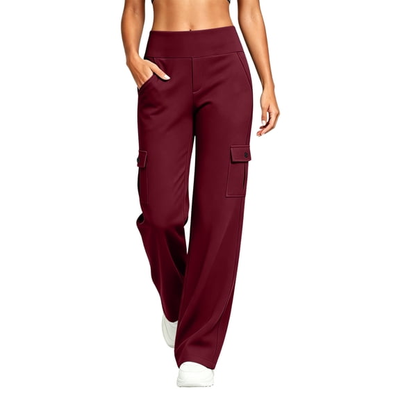 Inleife Women Solid Cargo Yoga Pants High Waist Flared Workout Trousers Multi Pockets Casual Daily Loungewear