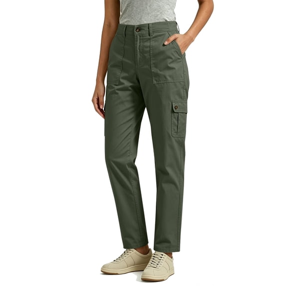 Inleife Women Solid Straight Leg Cargo Pants Zipper Button Closure Multi Pocket Outdoor Casual Utility Long Trousers