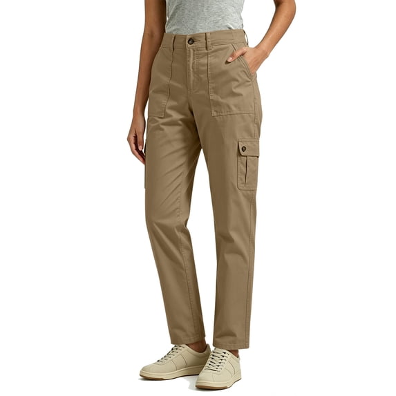 Inleife Women Solid Straight Leg Cargo Pants Zipper Button Closure Multi Pocket Outdoor Casual Utility Long Trousers