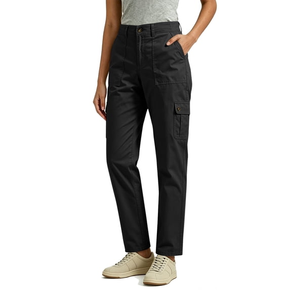 Inleife Women Solid Straight Leg Cargo Pants Zipper Button Closure Multi Pocket Outdoor Casual Utility Long Trousers