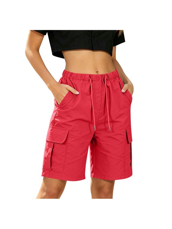 Women Solid Half Shorts Thin Waist Pull Regular Hiking Shorts Bermuda Summer Casual Shorts With Pockets