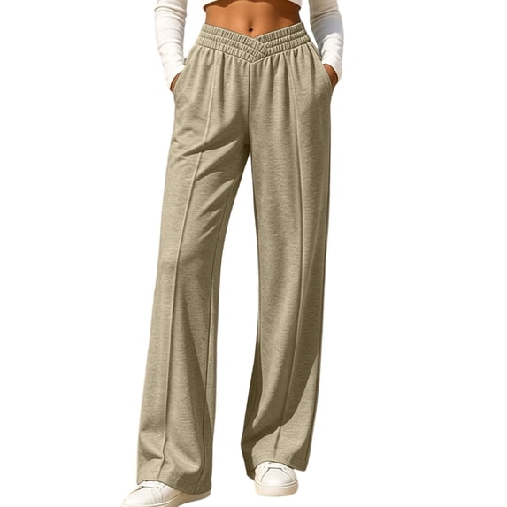 Inleife Women Solid Wide Leg Sweatpants, V-Shaped Elastic High Waist Casual Trousers, Side Pockets Straight Leg Loose Fit Athletic Pants