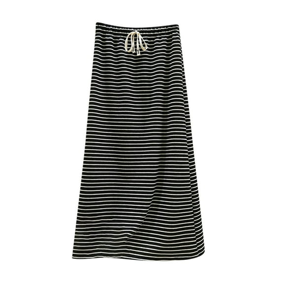 Inleife Women Striped Skirt High Waisted Drawstring Mid Length A-Line Skirt Mid Skirt Black XL