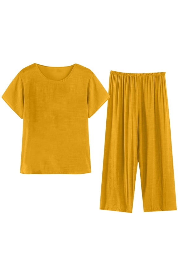 Women Summer Casual Two Piece Suit Pajamas Short Sleeved Round Neck Top/Shirt Set Cotton Silk Suit Large Size Comfortable Breathable Cardigan Button Pocket Yellow Sizes L