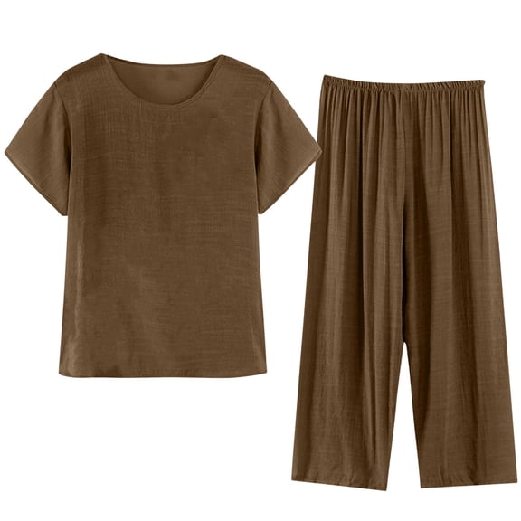 Inleife Women Summer Casual Two Piece Suit Pajamas Short Sleeved Round Neck Top/Shirt Set Cotton Silk Suit Large Size Comfortable Breathable Cardigan Button Pocket Brown Sizes S