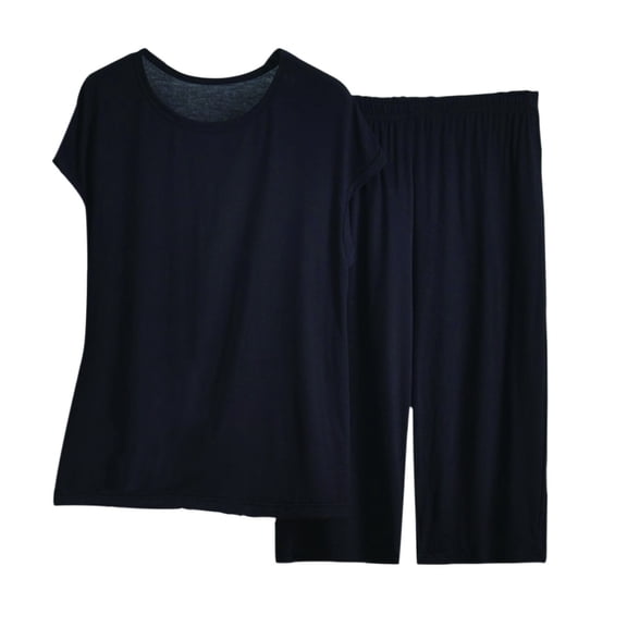 Inleife Women Summer Casual Two Piece Suit Pajamas Short Sleeved Round Neck Top/Shirt Set Cotton Silk Suit Large Size Comfortable Breathable Cardigan Button Pocket Black Sizes 5