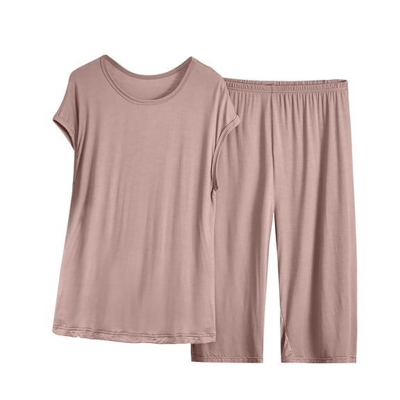 Inleife Women Summer Casual Two Piece Suit Pajamas Short Sleeved Round Neck Top/Shirt Set Cotton Silk Suit Large Size Comfortable Breathable Cardigan Button Pocket Khaki Sizes 2