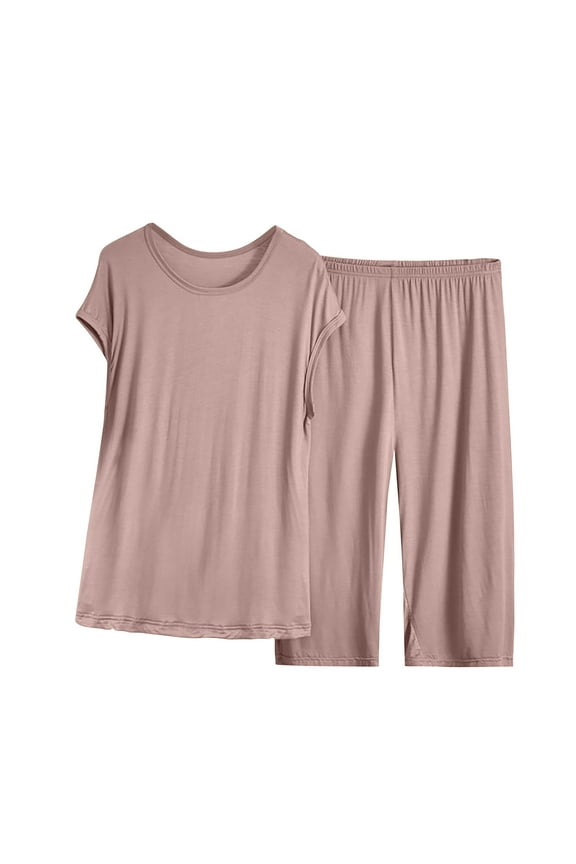 Women Summer Casual Two Piece Suit Pajamas Short Sleeved Round Neck Top/Shirt Set Cotton Silk Suit Large Size Comfortable Breathable Cardigan Button Pocket Khaki Sizes 4