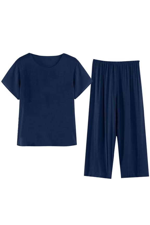 Women Summer Casual Two Piece Suit Pajamas Short Sleeved Round Neck Top/Shirt Set Cotton Silk Suit Large Size Comfortable Breathable Cardigan Button Pocket Blue Sizes M