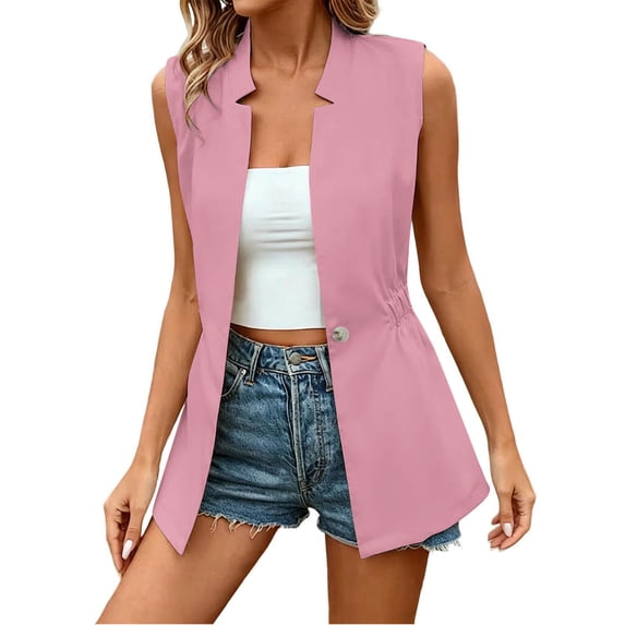 Inleife Women V-Neck Long Sleeveless Blazer Vest, Single Button Cinch Waist Slim Suit Waistcoat Business Casual Outerwear